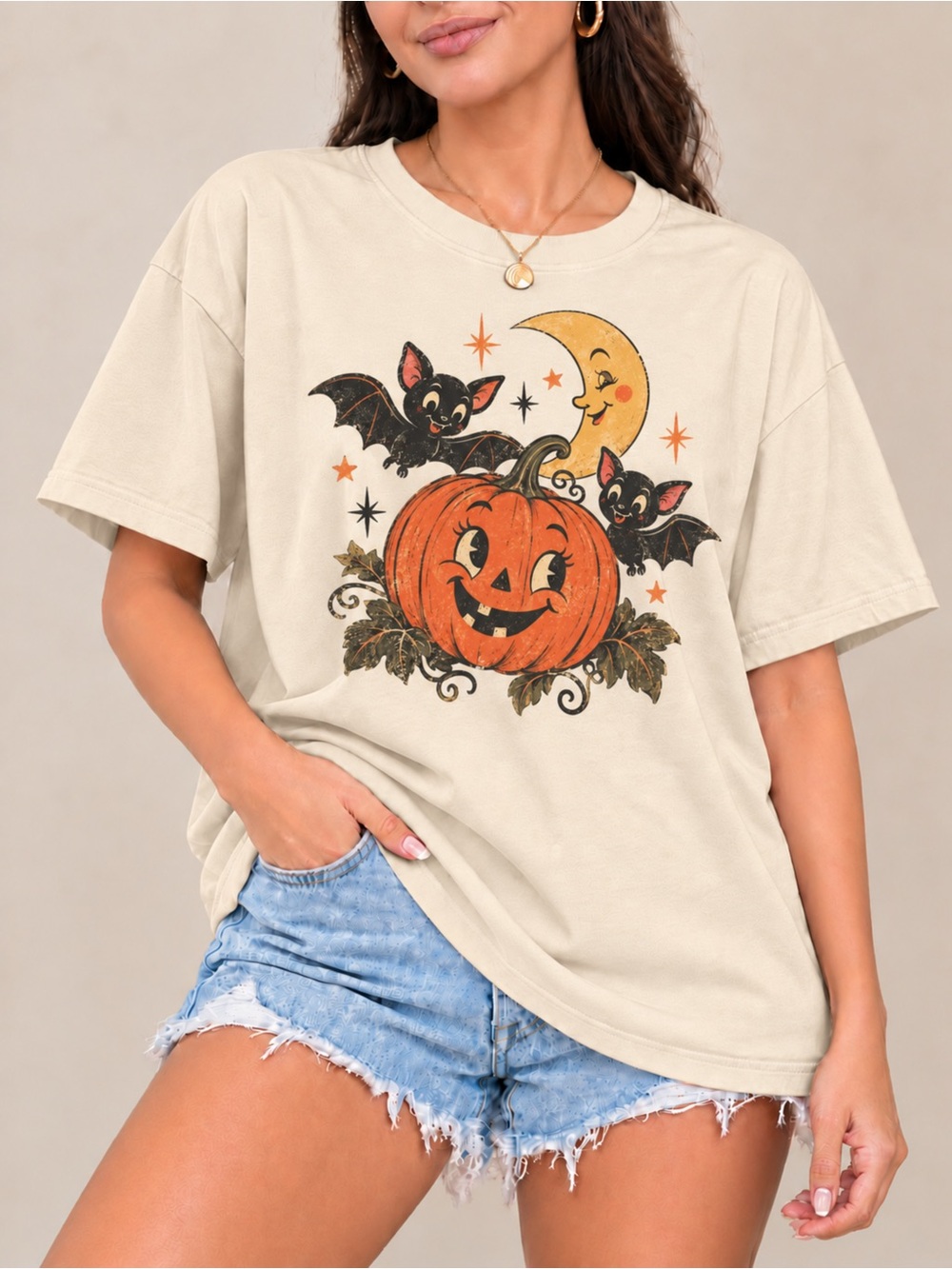 Vintage Halloween Pumpkin Graphic Tee Moon Bat Unisex T-shirt